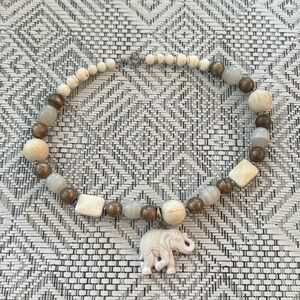 L.S. signed LS carved elephant beaded necklace silver color metal